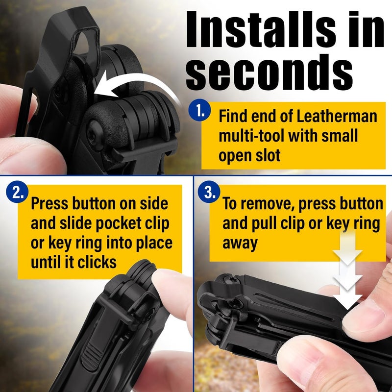 Samorillo [2-Pack] 2 Black Quick Release Pocket Clips + 2 Black Lanyard Rings Compatible With Leatherman Wave & Charge MultiTools - Stainless Steel Pocket Clip Won't Bend Or Snap - Install Or Replace In Seconds - Image 2